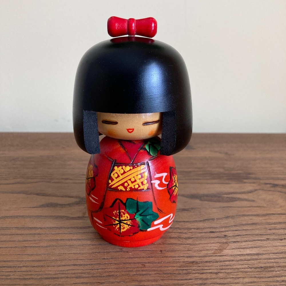 Vintage Japanese Kokeshi Doll in Red Floral Kimono